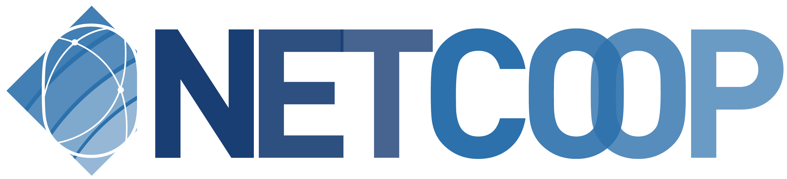 Logo NETCOOP con scritta blu e simbolo grafico geometrico a rombo con linee interconnesse, rappresentante la rete e la cooperazione.
