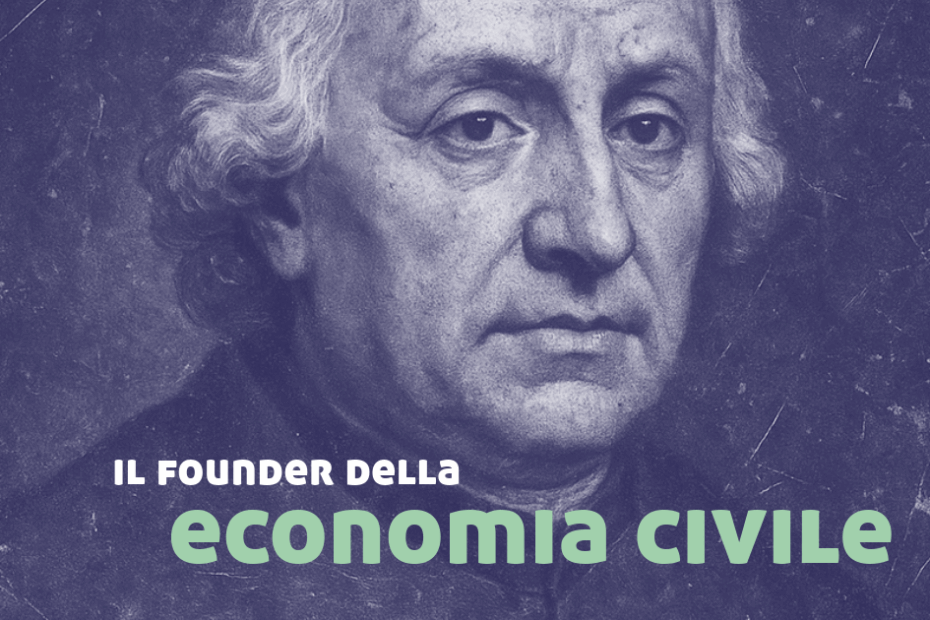 Nella foto la ricostruzione di una fotografia dell'Abate Antonio Genovesi, in bianco e nero. In basso la scritta "Il Founder dell'economia civile"